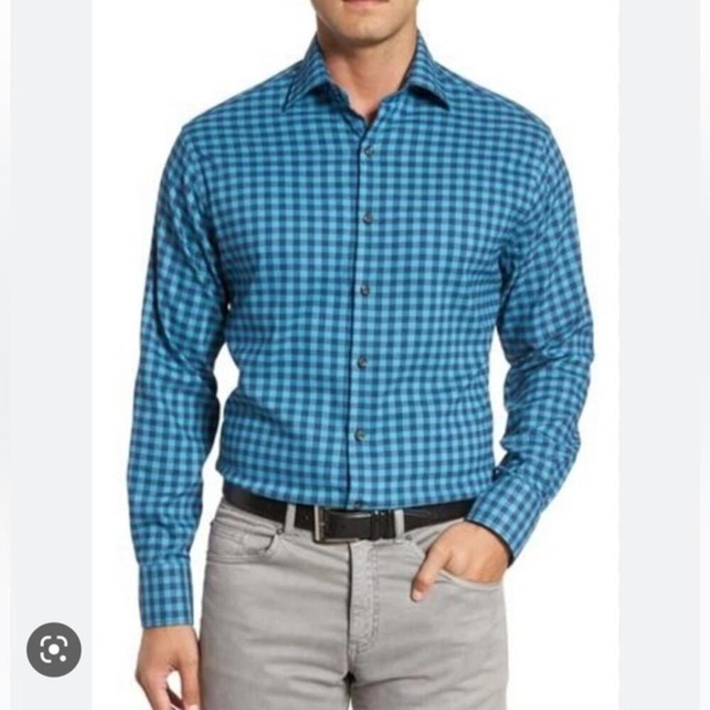 Peter Millar Crown Sport Blue Vedder Gingham Shirt Performance Flannel Size L